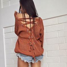 own the night lace-up back knit sweater - more colors Backless Sweater, Pullover Mode, Women Sweaters Winter, Pullover Outfit, Oversized Knitted Sweaters, Winter Trends, Comfy Sweaters, Outfits Winter, Casual Tops For Women