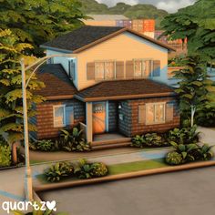 an artist's rendering of a two story house in the middle of some trees