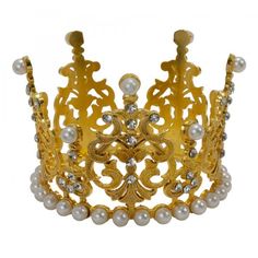 Make any occasion a royal one to remember with this mini metal crown. Whether it's to anoint a king for a day, to mark the sweet sixteen of a princess, to give the family a fantastical Christmas dinner, or just to dress up, anyone who wears this headgear will feel on top of the world. The rhinestones and pearls  increase the imperial feel of this piece. When it's this fun, you can let it get to your head. Size: 3" x 2¼" Regal Gold Crown For Wedding, Regal Gold Headpiece For Wedding, Regal Gold Headpieces For Weddings, Regal Gold Wedding Headpiece, Regal Gold Wedding Crown, Gold Regal Headpiece With Tall Crown, Elegant High Crown Gold Crown, Gold Crown Design Headpiece For Wedding, Gold Wedding Headpiece With Crown Design