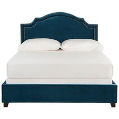 a blue bed with two pillows and white sheets on it's headboard, in front of a white background