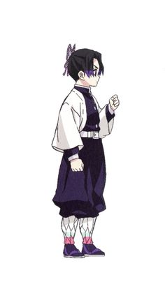 an anime character with black hair and purple shoes standing in front of a white background