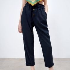 Zara Flowy Flap Pocket Pants Size: X Small Color: Navy Art: 8073/040/711 Front 2 Side Pockets 3 Brown Botton Detail Down The Middle Rn: 77302 Chic Navy Bottoms For Fall, Casual Navy Ankle-length Pants, Navy Casual Ankle-length Pants, Casual High Waist Navy Pants, Navy High Waist Casual Pants, Chic Navy Straight Leg Pants, Navy Ankle-length Casual Pants, Casual Navy Pants For Summer, Navy Casual Summer Pants