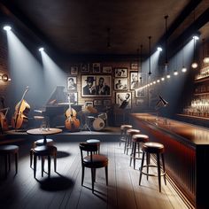 a dimly lit bar with musical instruments and stools