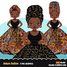 three african women in dresses and head wraps, one wearing a black dress with an orange