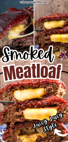 an image of smoked meatloaf on a plate with text overlay that reads smoked meatloaf