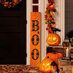 halloween decorations with pumpkins and jack o lanterns