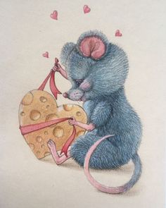 a drawing of a mouse holding a piece of cheese