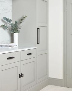 a white kitchen with marble counter tops and cabinets in front of a plant on top of the cabinet doors