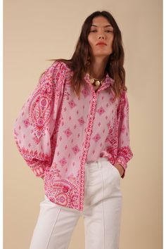 Find HALE BOB Eden Silk Top on Editorialist. Washed crepe de chine Buttons at front body Voluminous long sleeve with cuff Low hip length with curved hem Crepe Top Styles, Denim Embroidery, Crepe Top, Dress Hairstyles, Embroidered Tunic, Pant Sets, Dope Outfits, Embroidery Dress, Silk Crepe