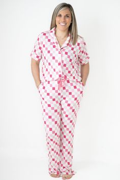 Lounge in stylish comfort with our Dreamy Pink Checkers Women's Relaxed Flare Dream Set. Made from bamboo material, these pajamas are not only fun with their pink checkers pattern, but also incredibly comfortable to wear. Perfect for all your lounging needs. NEW relaxed fit Women's Dream set. Made from the softest and most breathable seasonal bamboo viscose material, you won't want to take this off! Our Women's Dream top is a relaxed button down long sleeve top. Our Dream flare pants featuring f Tuxedo Accessories, Milk Baby, Girls Dress Outfits, Toddler Flower Girl Dresses, Infant Flower Girl Dress, Tea Party Dress, Boy Outerwear, Bamboo Material