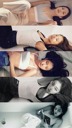 four different pictures of women laying on the floor