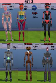 six different types of robot suits in various poses and sizes, with text describing them