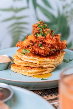 Pancake Week Inspiration | Fried Chicken Pancake Photography in London Crab Apple Blossom, Meal Planing Ideas, American Style Pancakes, Vegetarian Burger, Pancake Stack