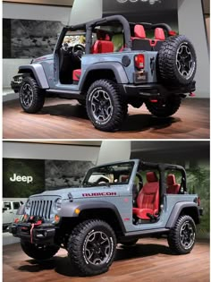 two pictures of a jeep with red seats and the same color as it appears on display