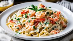 a white plate topped with pasta covered in shrimp