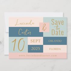 a save the date card with gold foil and blue, pink, and green stripes