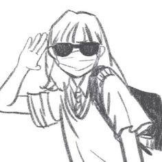 a drawing of a girl wearing sunglasses and a face mask with her hands on her head