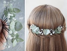 Bridal sage greenery hair piece with handmade eucalyptus, babys breath hair flowers and pearl hairpins for your special day. Realistic floral hair clips look amazing in any hair style. It's amazing realistic bridal hair pins (or bobby pins). Be sure Your hair style will be gorgeous with these wedding hair pins Check out a 15 sec video of this bridal headpiece Please note, flowers and eucalyptus in floral wedding headpiece are not factory. I make each petal by myself from foam EVA. Which is absol Greenery Hair Piece, Floral Headpiece Wedding, Floral Hair Clip, Hair Flowers, Pearl Hair Pins, Flower Headpiece, Foam Flowers, Wedding Hair Pins, Fancy Hairstyles