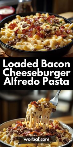 loaded bacon cheeseburger alfredo pasta in a skillet