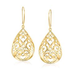 Ross-Simons - 18kt Gold Over Sterling Openwork Teardrop Earrings. Our artisanal earrings add a touch of luxury to your everyday style. Handcrafted in polished 18kt yellow gold over sterling silver, these teardrop designs showcase a gorgeous openwork pattern. They also make the perfect addition to your formal wear! Hanging length is 1 7/8". Earwire, 18kt yellow gold over sterling silver openwork teardrop earrings. Elegant Pierced Teardrop Pendant Earrings, Elegant Filigree Teardrop Earrings, Elegant Gold Teardrop Pierced Earrings, Elegant Teardrop Earrings With Intricate Design, Gold Teardrop Earrings With Elegant Design, Elegant Filigree Teardrop Drop Earrings, Elegant Filigree Teardrop Earrings For Gift, Elegant Sterling Silver Filigree Teardrop Earrings, Formal Filigree Teardrop Earrings