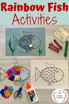 rainbow fish activities for kids to do with paper and crayons on the table