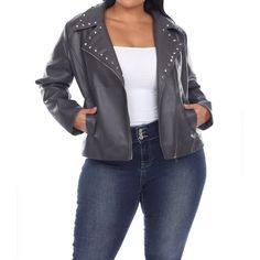 This Faux Leather Jacket Is An Essential And The Ultimate Finishing Touch To Any Outfit. It's The Perfect Asymmetric Biker Jacket, Accentuated With Silver-tone Metal Hardware That Will Elevate Your Wardrobe.Product Care : Machine Wash ColdMaterial : 100% Polyester Studded Leather Jacket, Studded Jacket, Pu Leather Jacket, White Mark, Faux Leather Jacket, Clothing Size Chart, Leather Jackets Women, Womens Clothing Sizes, Metal Hardware