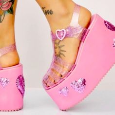 Questions? Leave A Comment Below! Jelly Platforms, Heart Platforms, Cosplay Style, Y2k Princess, Jelly Hearts, Y2k Heels, Million Dollar Baby, Dolls Kill Shoes, Baby Spice