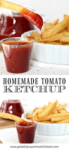 homemade tomato ketchup is being drizzled over french fries and dipping sauce