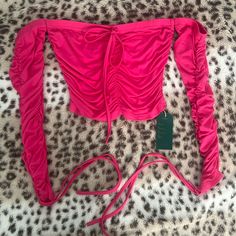 Nwt Perfect Condition! Cropped Off The Shoulder Tie Top! Amazon Casual Tops For Spring, Casual Spring Tops From Amazon, Amazon Casual Spring Tops, Amazon Stretch Tops For Summer, Pink Ruched Top For Night Out, Trendy Fall Tops From Amazon, Pink Off-shoulder Crop Top For Party, Pink Off-shoulder Tube Top, Pink Stretch Bandeau Crop Top