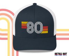 80s Retro Embroidered Trucker Hat Vintage Trucker Hat With Letter Print And Curved Brim, Vintage Trucker Hat With Letter Print, Retro Trucker Hat With Letter Print, Retro Snapback Hat With Letter Print, Retro Letter Print Snapback Hats, Retro Hats With Letter Print And Curved Bill, Vintage White Trucker Hat With Letter Print, Retro Adjustable Trucker Hat With Letter Print, Vintage Adjustable Hats For Birthday