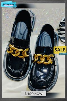 Round Toe Chain Decor Slip On Loafers Trendy Party Loafers With Metal Feet, Trendy Office Loafers With Chain Strap, Trendy Gold Flat Loafers, Black Loafers With Chain Strap And Round Toe, Black Chain Strap Loafers For Work, Chain Strap Loafers With Round Toe For Work, Trendy Gold Loafers For Work, Trendy Gold Loafers For Workwear, Chain Decor