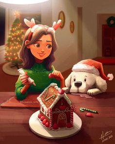 a painting of a girl decorating a gingerbread house with a dog in the background