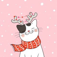 a white cat wearing a red scarf and reindeer antlers on its head, standing in the snow