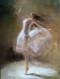 a painting of a woman dancing with her hair blowing in the wind and wearing a white dress