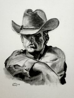 a drawing of a man wearing a cowboy hat and holding his arms crossed with one hand