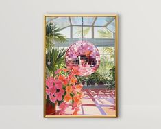 a painting of a mirror ball hanging from a ceiling in a room with potted plants