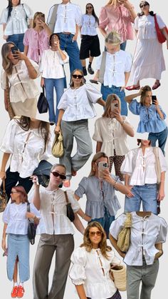 the collage shows many different types of women in white shirts and jeans, with one woman