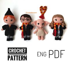 crochet harry potter dolls are shown in three different sizes and patterns, including one with