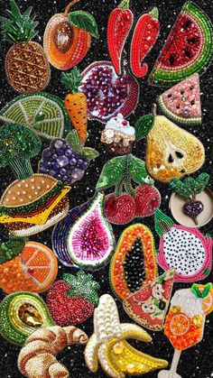 an image of fruit and vegetables made out of beadwork on black background with space for text