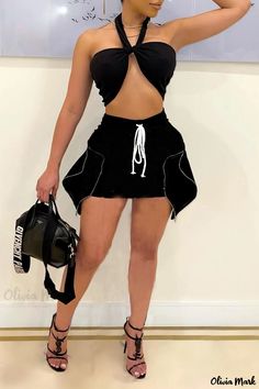 Olivia Mark - Classic Black Solid Patchwork Halter Sleeveless Two-Piece Set for Women Black Sleeveless Patchwork Top, Black Sleeveless Top With Patchwork, Sleeveless Suit, Plus Size Two Piece, Womens Clothing Stores, Two Piece Dress, Piece Dress, Skirt Length, Two Pieces