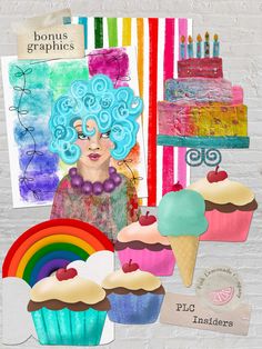 a collage of cupcakes, cakes and paintings