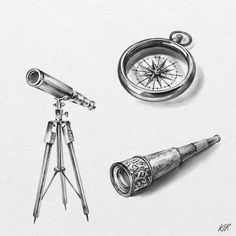 a drawing of a compass, telescope and tripod