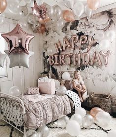 HolidayParty24/7 on Instagram: “Happy birthday!” Pink And Rose Gold Bedroom, Birthday Bedroom Decorations, Birthday Bedroom, Rose Gold Bedroom, Surprise Birthday Decorations, Bedroom Birthday, Birthday Goals, Bedroom Decorations, 13th Birthday Parties