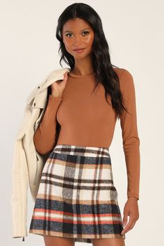 Mad for Plaid Navy and Cream Plaid Mini Skirt Affordable Clothing Brands, Skirt Lulus, Cheap Clothing Stores, Lulu Fashion, Single Button Blazer, Winter Skirt, Cute Winter Outfits, Womens Clothes, Ribbed Turtleneck