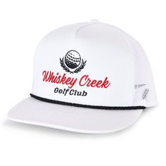 Classic Rope Trucker Deep fit, high profile 47% cotton, 25% polyester, 28% nylon 5-panel cap with buckram front lining, classic back, quilted comfort sweatband Flat visor, however, is shapeable 4" crown, 8 rows of stitching Matching plastic adjustable strap One-size-fits-most. Classic Adjustable Trucker Hat For Sports, Adjustable White Trucker Hat For Golf, Classic Adjustable Snapback Visor Hat, Classic Adjustable Visor Snapback Hat, Classic Adjustable 5-panel Trucker Hat, Adjustable Flat Bill Golf Hats, Classic Adjustable Baseball Cap For Golf, Classic Adjustable Golf Baseball Cap, Adjustable Snapback Hat For Golf