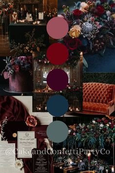 a collage of photos with different colors and flowers on them, including red velvet couches