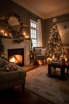 a living room filled with furniture and a christmas tree in front of a fire place