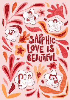 the words, graphic love is beautiful are surrounded by colorful flowers and hearts on a pink background