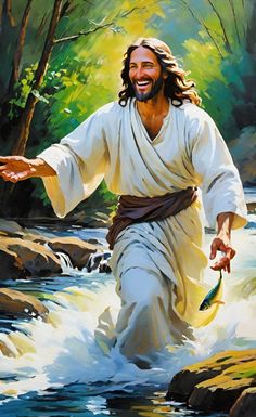 jesus walking through the water with his hands out to catch some fish in it's mouth