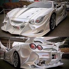 two pictures of a white sports car in different stages of being painted to look like it's been made out of paper